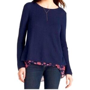 Lucky Brand Peak a Boo Cotton and Viscose Sweater with Floral Chiffon Layering